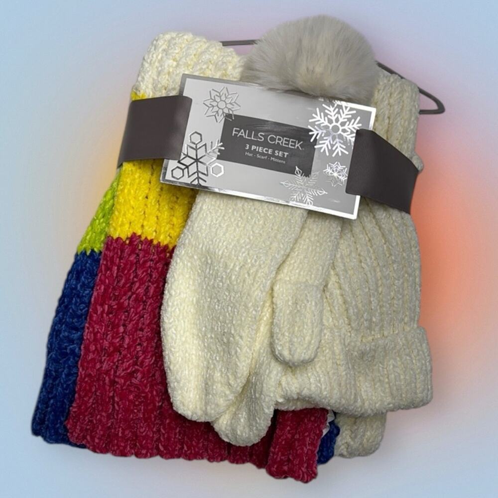 Falls Creek Colorful 3-Piece Winter Knit Set HAT SCARF MITTENS